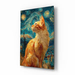 Swirling Starry Night Ginger Cat Glass Wall Art