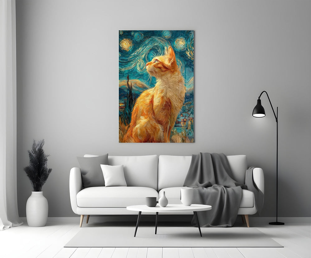 Swirling Starry Night Ginger Cat Glass Wall Art
