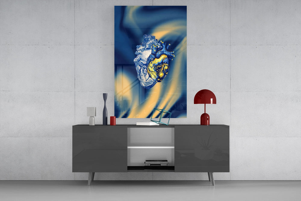 Golden Starry Anatomical Heart Glass Wall Art