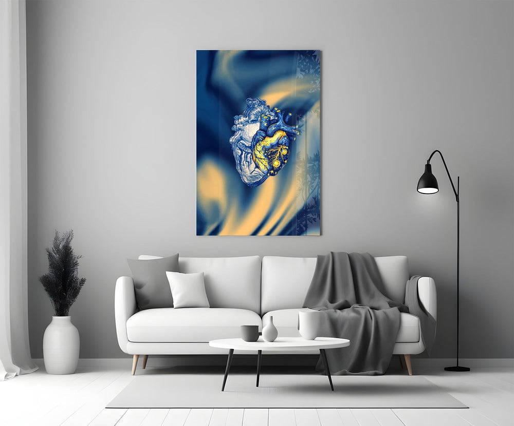 Golden Starry Anatomical Heart Glass Wall Art