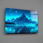 Moonlit Mountain Lake Dock Glass Wall Art