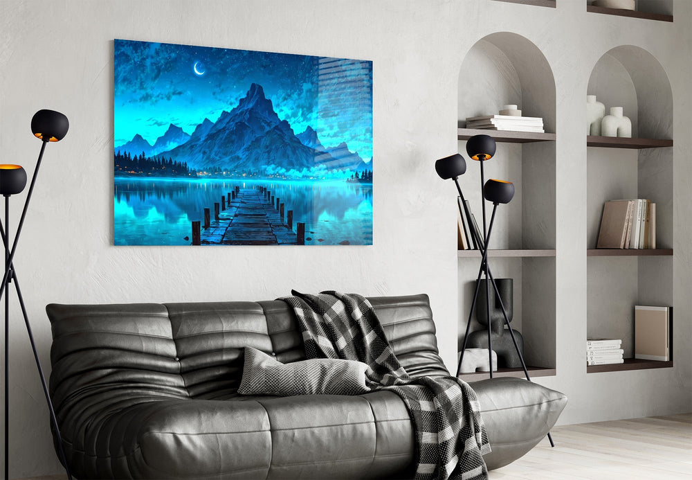 Moonlit Mountain Lake Dock Glass Wall Art