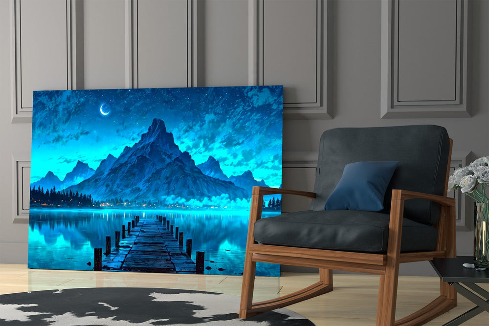 Moonlit Mountain Lake Dock Glass Wall Art