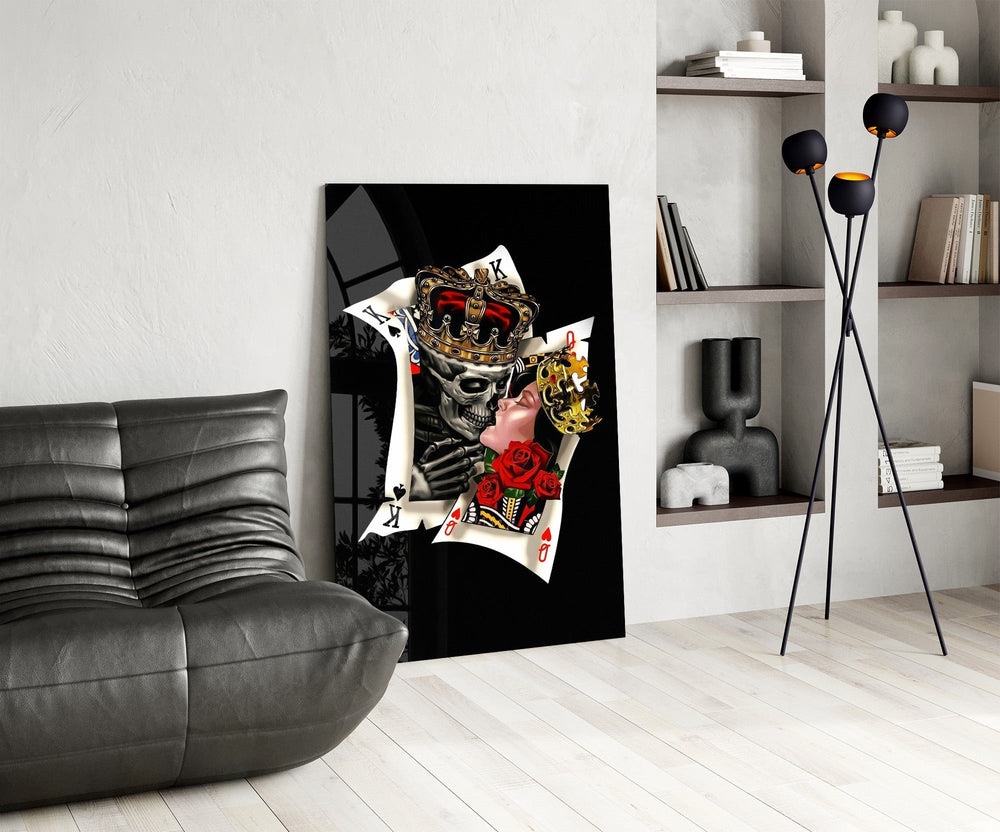 Skull King and Queen Playing Cards Glass Wall Art