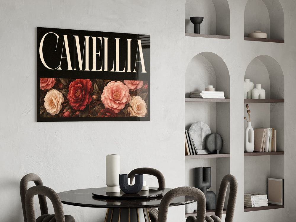 Camellia Blush and Crimson Floral Glass Wall Art