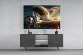 Astronaut and Ringed Planet Cornfield Glass Wall Art
