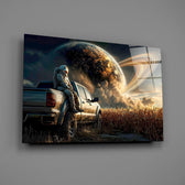 Astronaut and Ringed Planet Cornfield Glass Wall Art