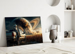 Astronaut and Ringed Planet Cornfield Glass Wall Art