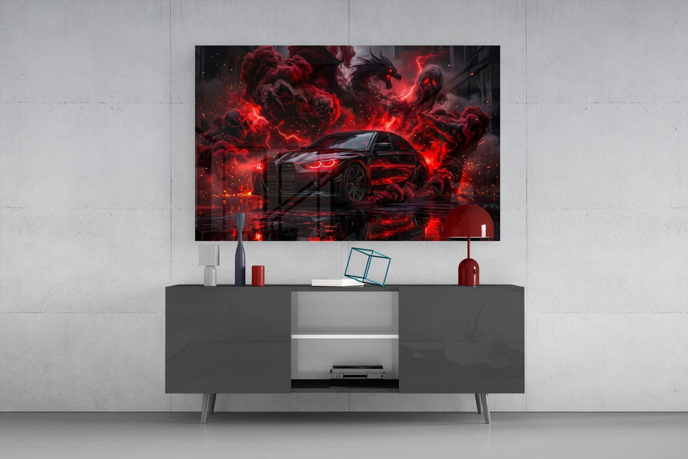 Black Sports Sedan and Red Demon Dragon Glass Wall Art