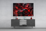 Black Sports Sedan and Red Demon Dragon Glass Wall Art