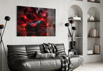 Black Sports Sedan and Red Demon Dragon Glass Wall Art