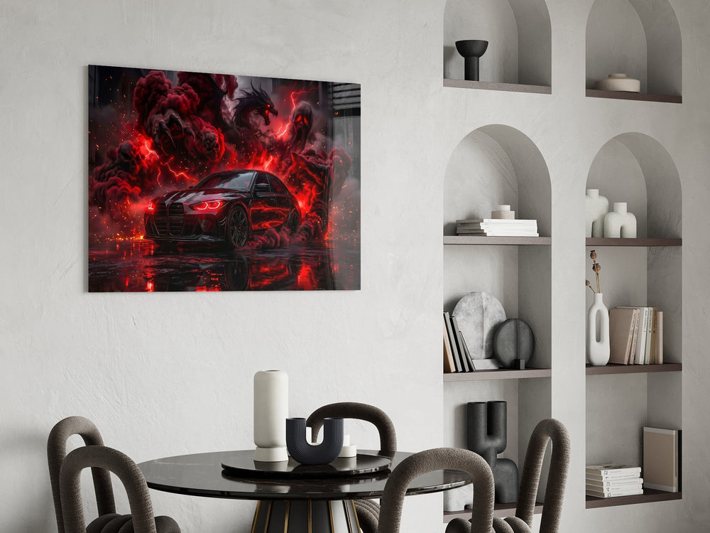 Black Sports Sedan and Red Demon Dragon Glass Wall Art