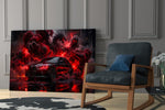 Black Sports Sedan and Red Demon Dragon Glass Wall Art