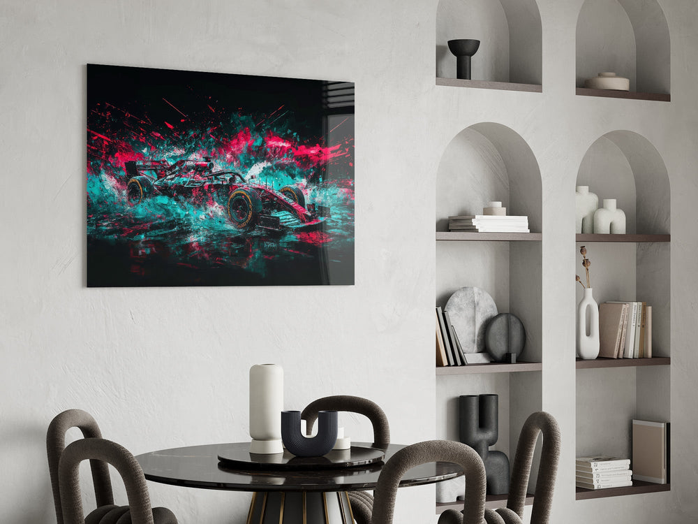 Teal Pink Splash Open-Wheel Race Car Glass Wall Art