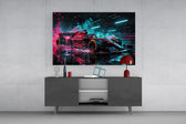 Red Racer Cyan Light Streaks Glass Wall Art
