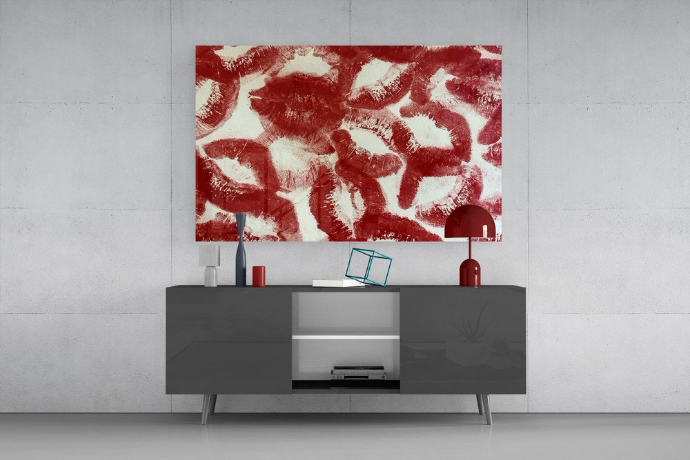 Red Lip Prints Kiss Marks Glass Wall Art