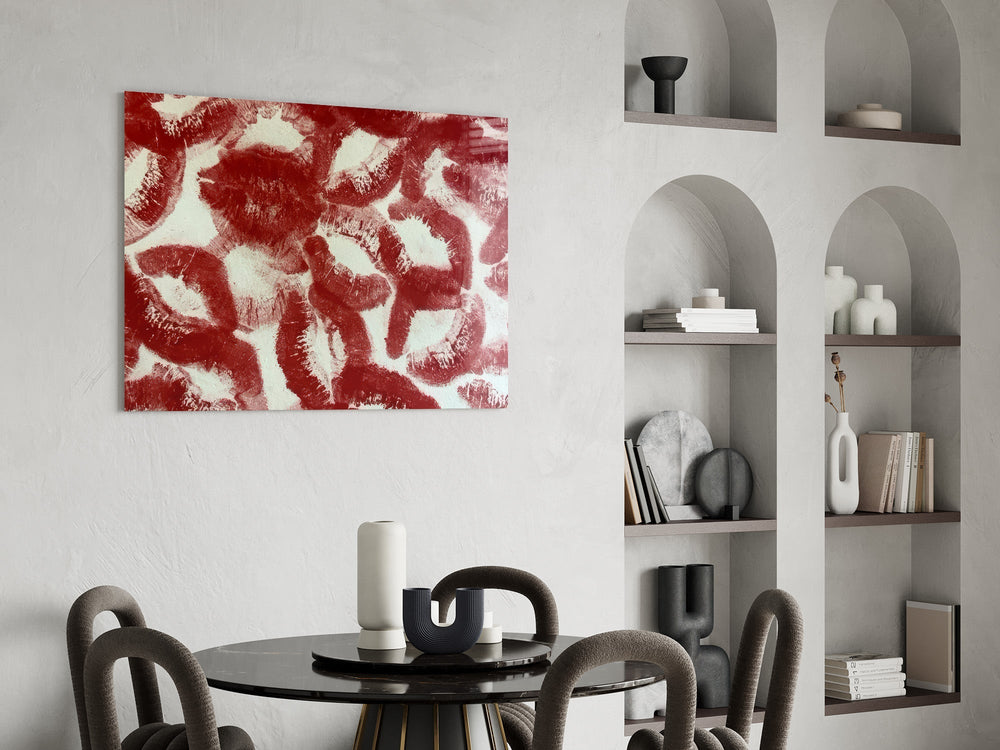 Red Lip Prints Kiss Marks Glass Wall Art