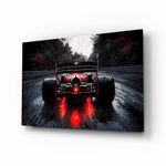 Rainy Track Red Glow Race Car Glass Wall Art