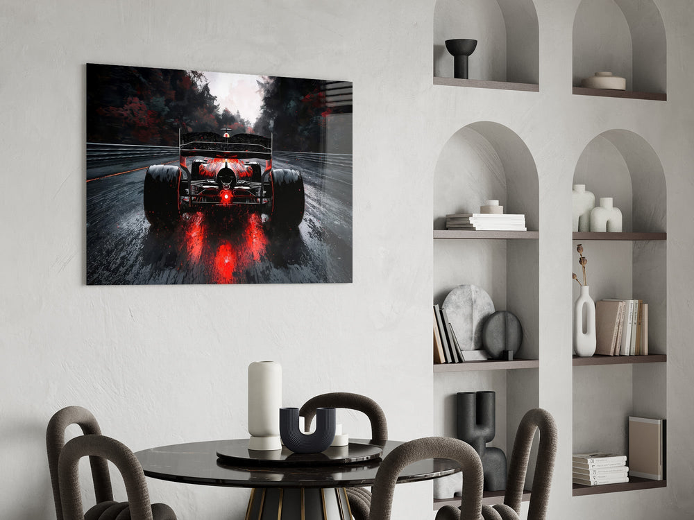 Rainy Track Red Glow Race Car Glass Wall Art