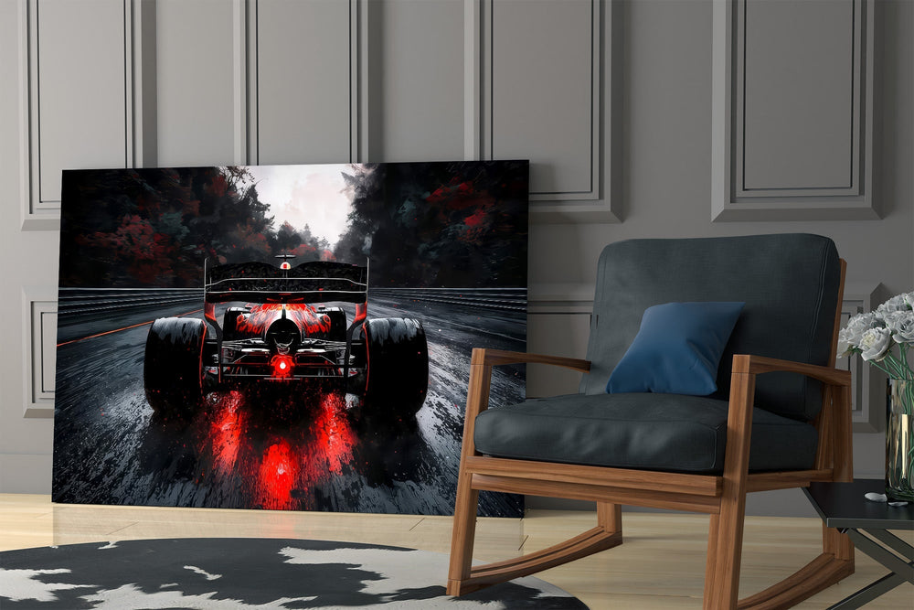 Rainy Track Red Glow Race Car Glass Wall Art