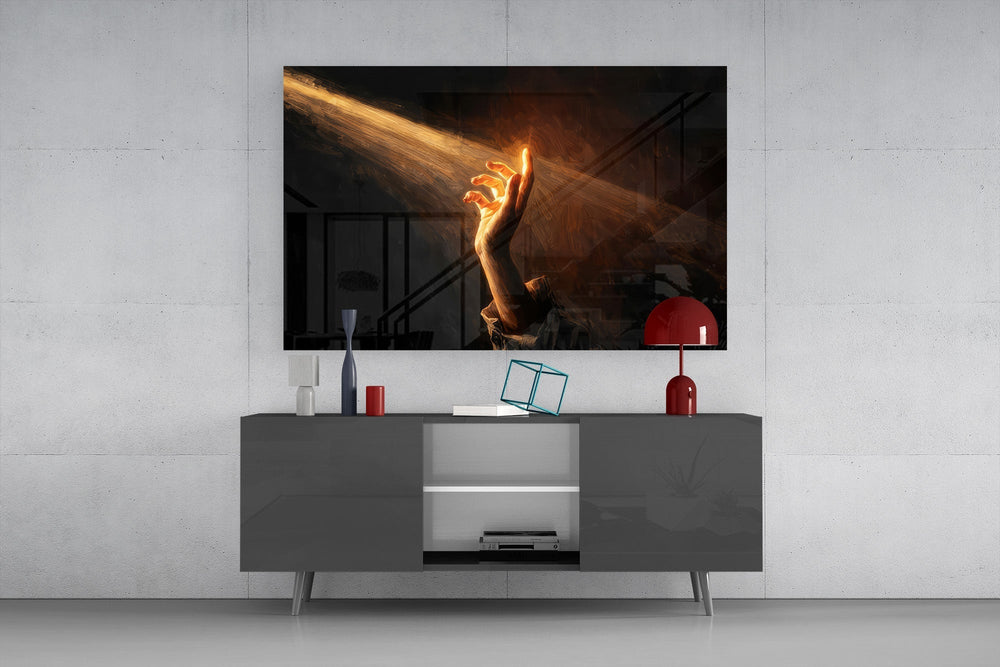 Golden Light Beam Reaching Hand Glass Wall Art