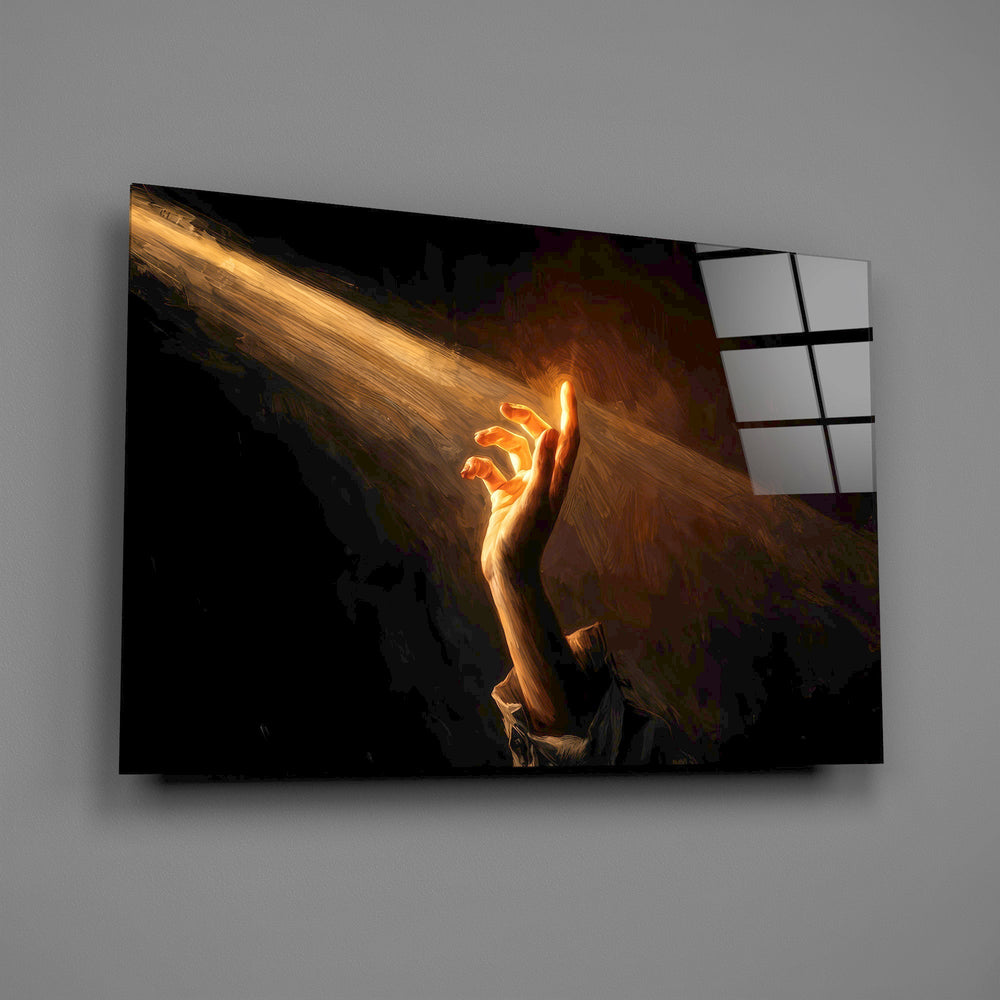 Golden Light Beam Reaching Hand Glass Wall Art