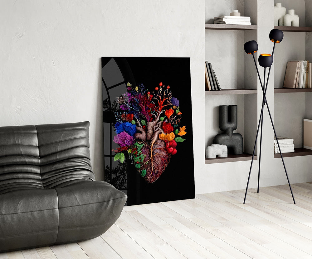 Floral Anatomical Heart Multicolor Glass Wall Art