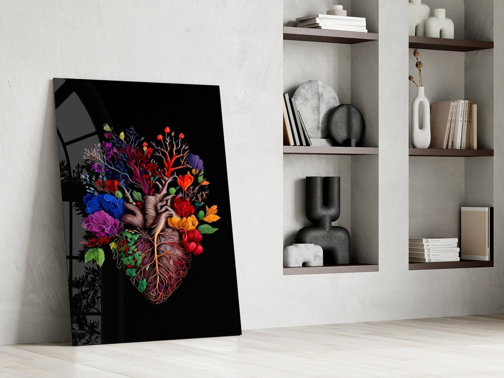 Floral Anatomical Heart Multicolor Glass Wall Art