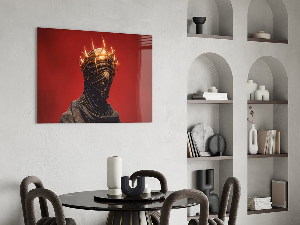 Golden Thorn Crown Crimson Figure Glass Wall Art