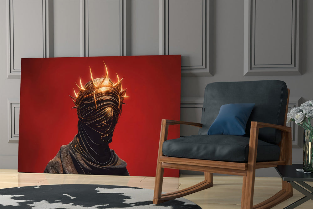 Golden Thorn Crown Crimson Figure Glass Wall Art