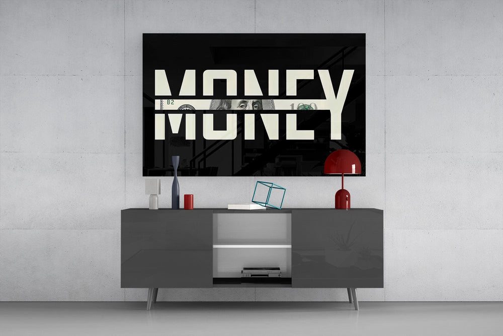 Money Typography Hundred Dollar Bill Glass Wall Art