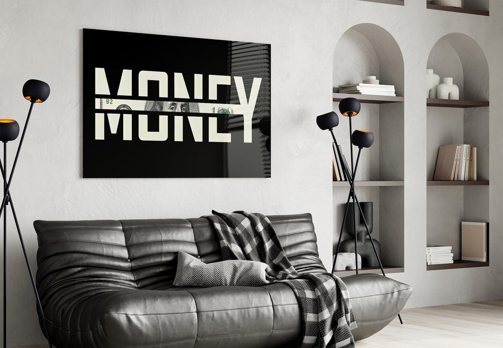 Money Typography Hundred Dollar Bill Glass Wall Art