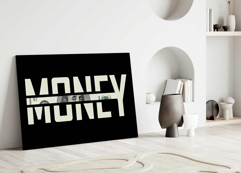 Money Typography Hundred Dollar Bill Glass Wall Art