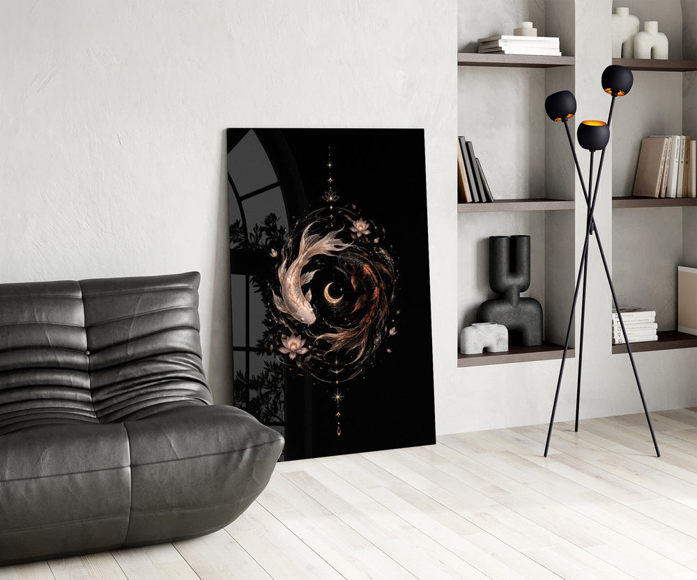 Celestial Koi Yin Yang Crescent Moon Glass Wall Art