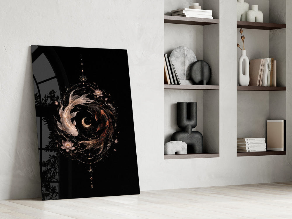 Celestial Koi Yin Yang Crescent Moon Glass Wall Art