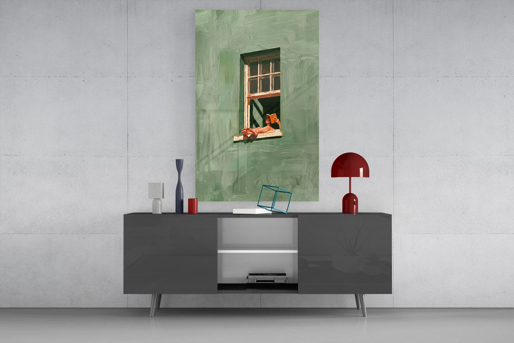 Reader on Windowsill Sage Green Glass Wall Art