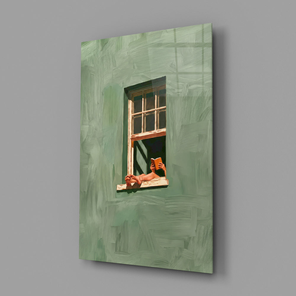 Reader on Windowsill Sage Green Glass Wall Art