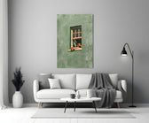 Reader on Windowsill Sage Green Glass Wall Art