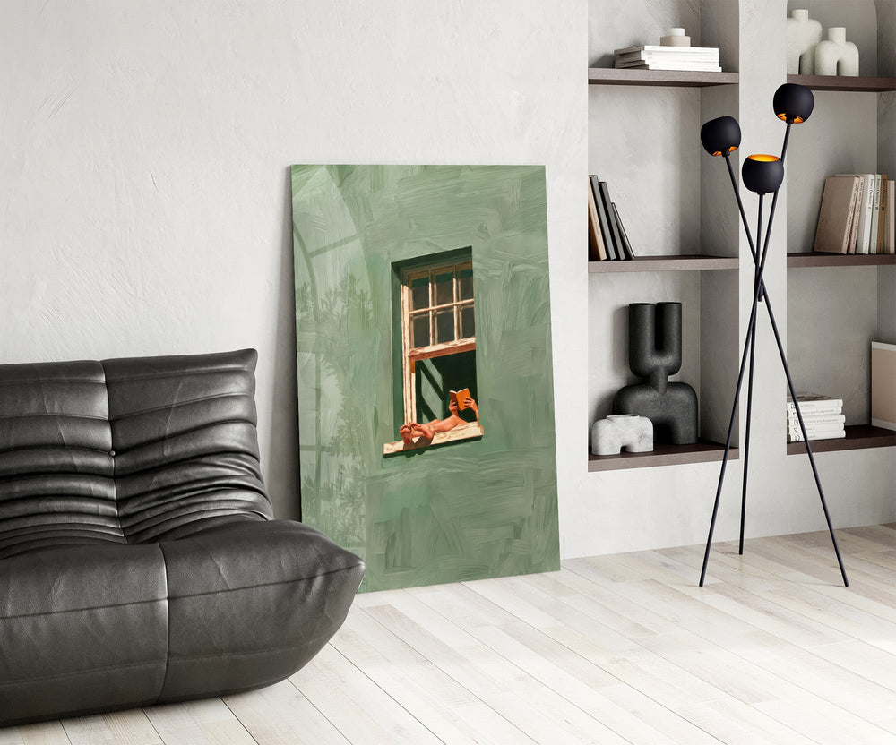 Reader on Windowsill Sage Green Glass Wall Art