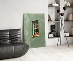 Reader on Windowsill Sage Green Glass Wall Art