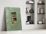Reader on Windowsill Sage Green Glass Wall Art