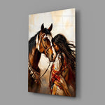 Bay Pinto Horse and Native Woman Glass Wall Art