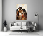 Bay Pinto Horse and Native Woman Glass Wall Art