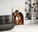 Bay Pinto Horse and Native Woman Glass Wall Art
