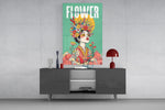 Floral Crown Woman Teal Portrait Glass Wall Art