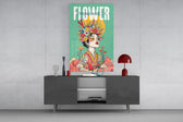 Floral Crown Woman Teal Portrait Glass Wall Art