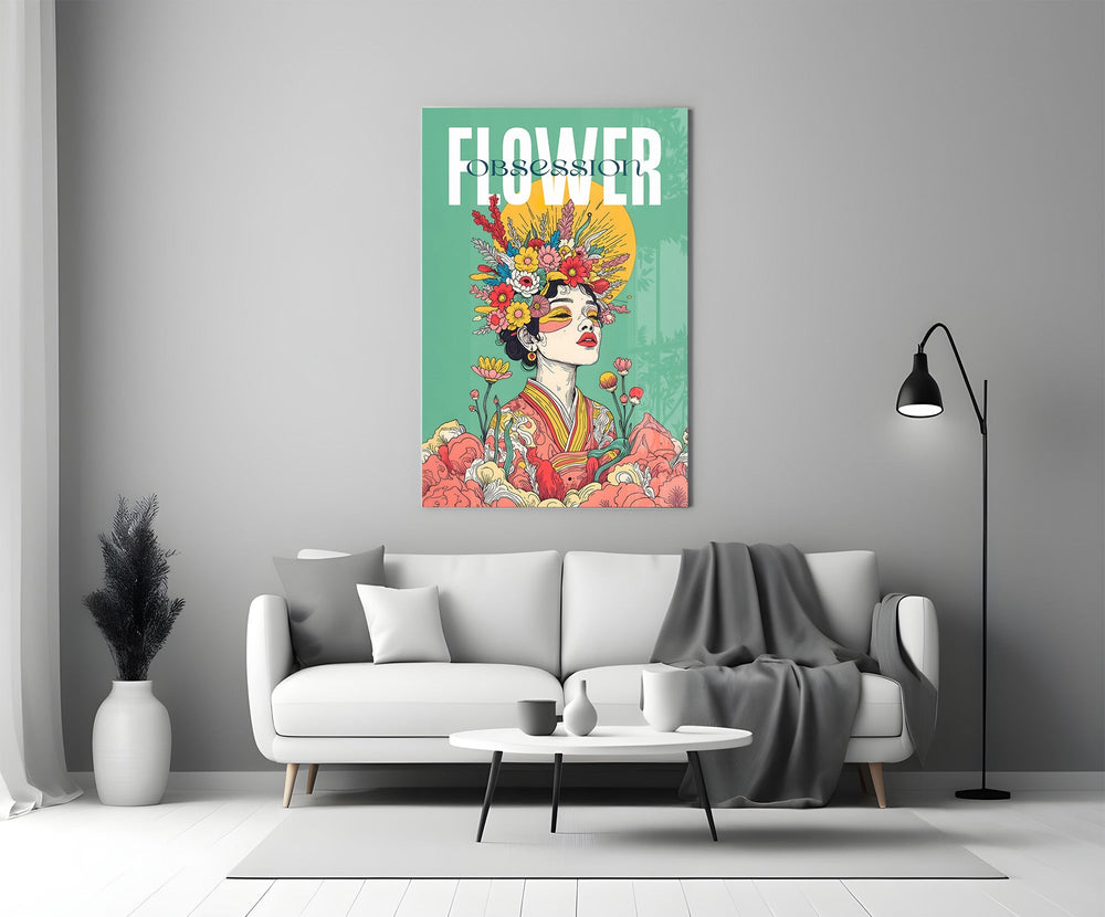Floral Crown Woman Teal Portrait Glass Wall Art