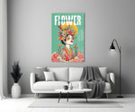Floral Crown Woman Teal Portrait Glass Wall Art