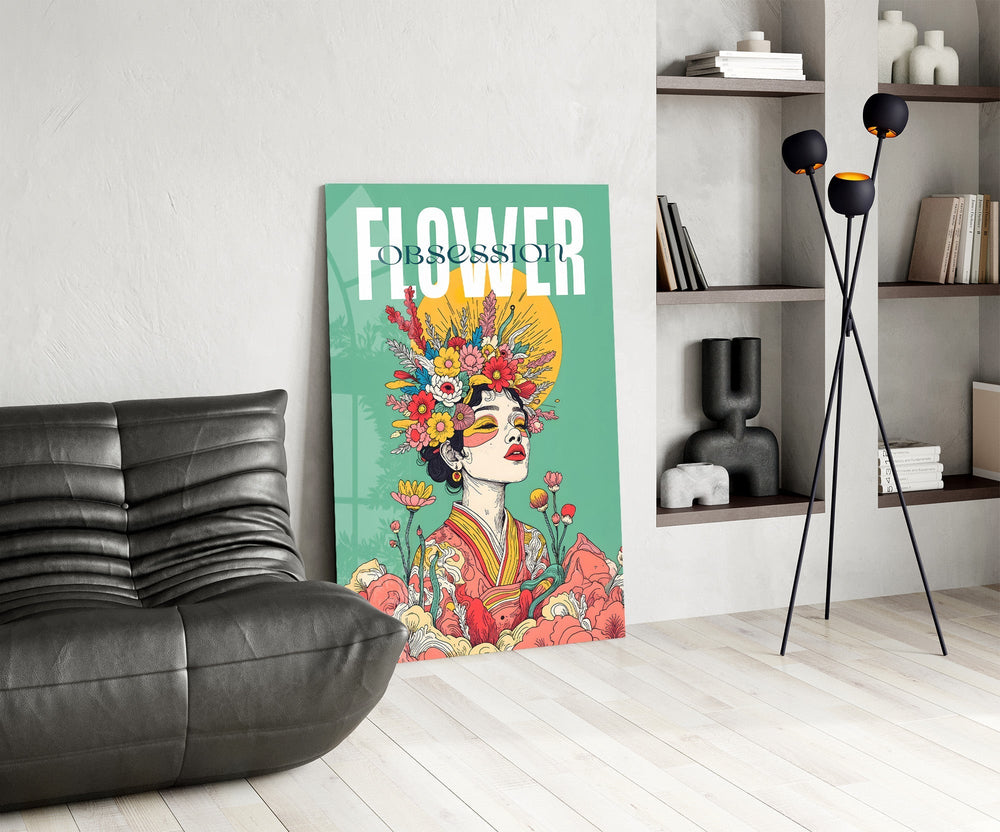 Floral Crown Woman Teal Portrait Glass Wall Art