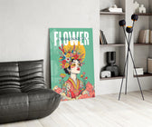 Floral Crown Woman Teal Portrait Glass Wall Art
